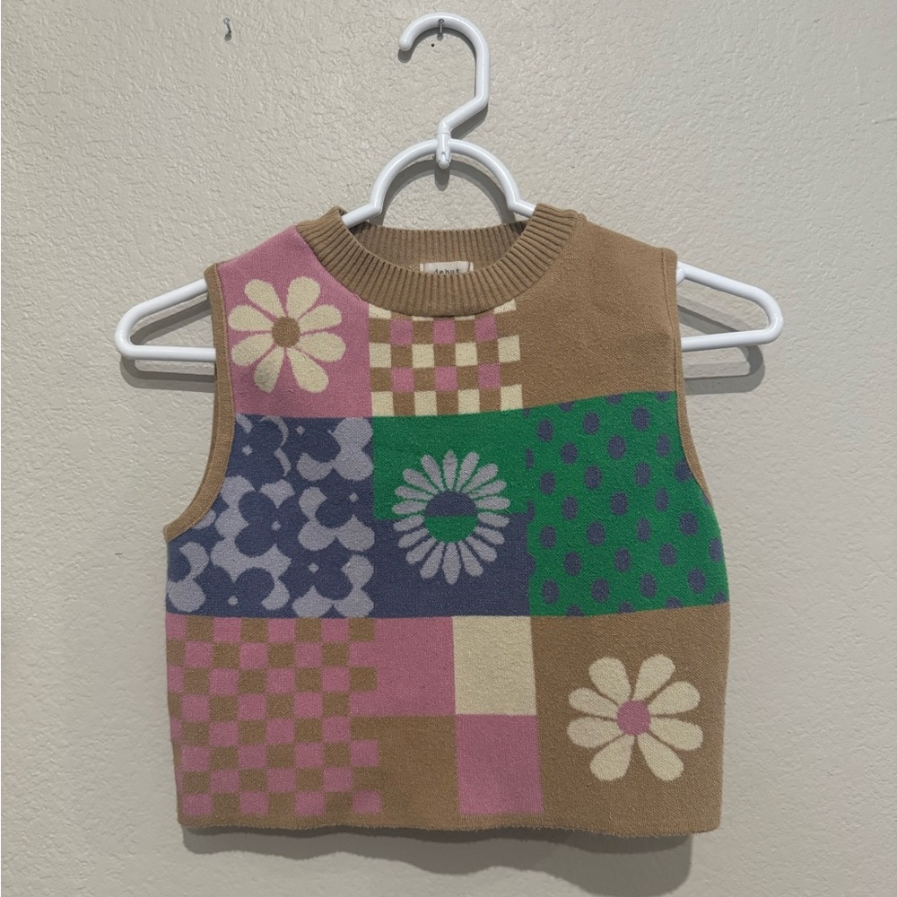 Debut Patchwork Sweater Vest - Boho, Floral- Tan, Beige, Pink, Green, Blue